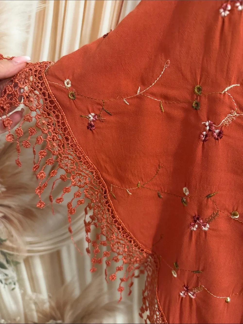 Embroidered Tassel Scarf Wrap in Rust Red